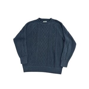 LL Bean Signature Mens XL Navy Blue Cable Knit Cotton Crew Neck Sweater Raglan